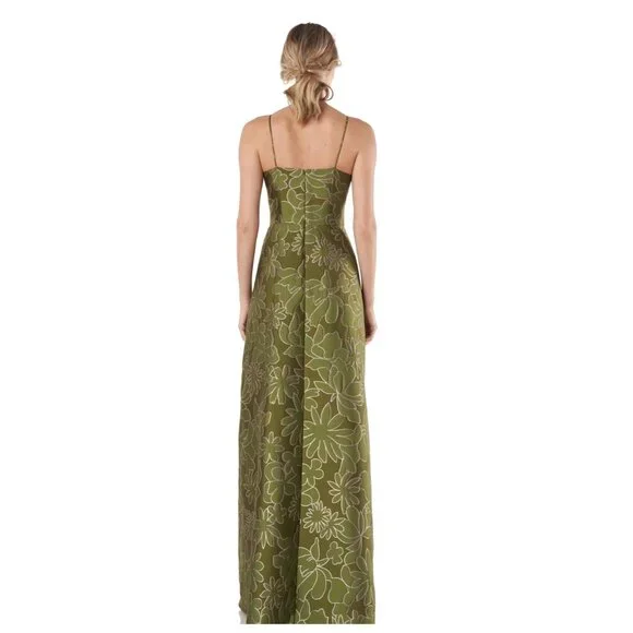 Kay Unger Jada Jacquard Halter Neck Gown Dress Green w/ Pink Embroidery Size  8 - Picture 3 of 13